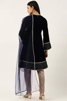 Ethnovog Ready To Wear Blue Velvet Embroidered Straight Pant Suit