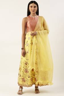 Ethnovog Ready To Wear Yellow Organza Embroidered Anarkali Suit