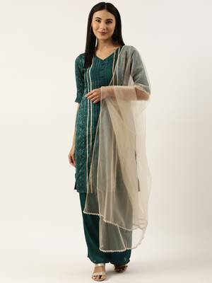 Ethnovog Ready To Wear Teal Green Art Silk Print Salwar N Palazzo Suit 1