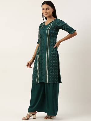 Ethnovog Ready To Wear Teal Green Art Silk Print Salwar N Palazzo Suit 3