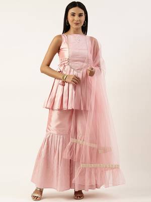 Ethnovog Ready To Wear Rouge Pink Art Silk Kurta N Gharara Set 1