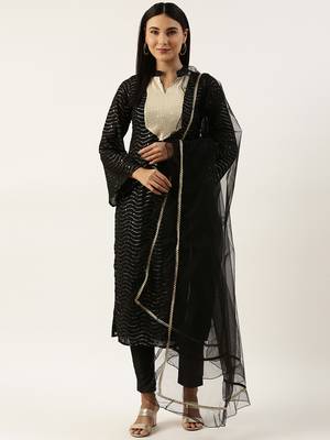 Ethnovog Ready To Wear Black Georgette Sequins Narrow Straight Pant Suit 1