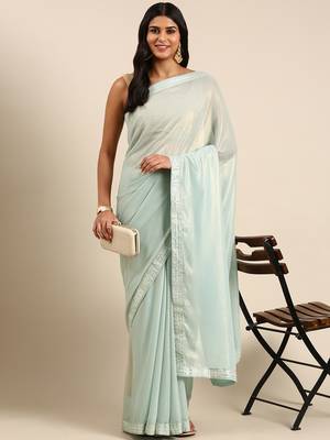 Kasee Fancy Sky Blue Pure Georgette Plain Saree With Sequence Border 1
