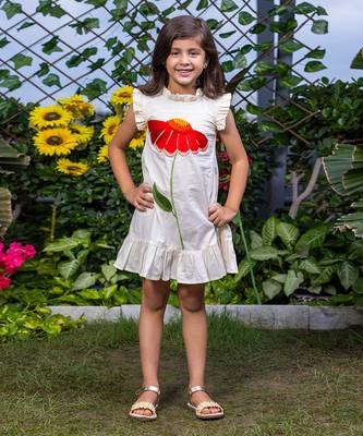 Big Flower Embroidery Beige Cotton Dress 1