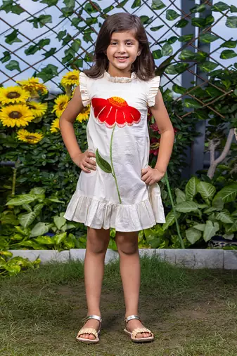 Big Flower Embroidery Beige Cotton Dress