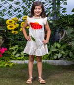 Big Flower Embroidery Beige Cotton Dress