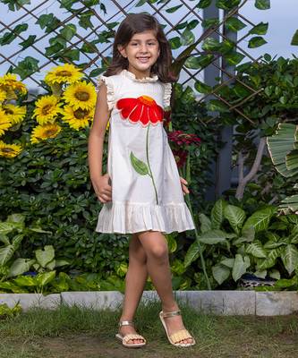 Big Flower Embroidery Beige Cotton Dress 2