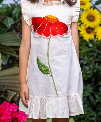 Big Flower Embroidery Beige Cotton Dress 3