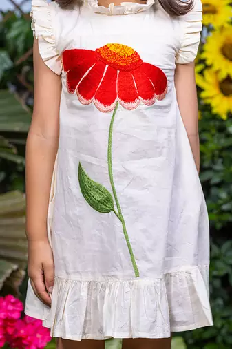 Big Flower Embroidery Beige Cotton Dress
