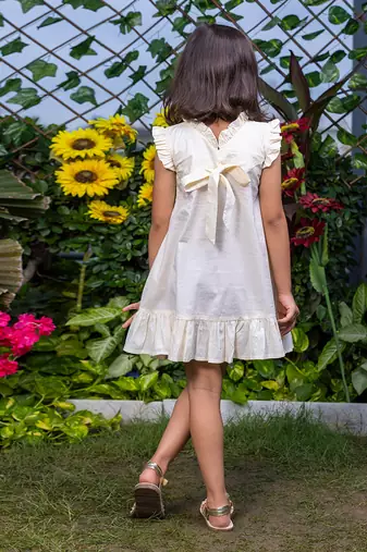 Big Flower Embroidery Beige Cotton Dress
