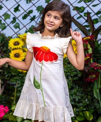 Big Flower Embroidery Beige Cotton Dress 5