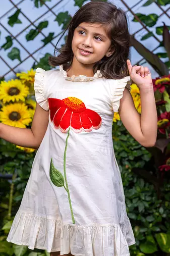 Big Flower Embroidery Beige Cotton Dress