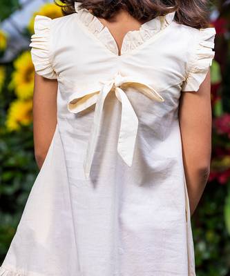 Big Flower Embroidery Beige Cotton Dress 6