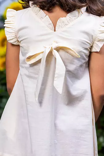 Big Flower Embroidery Beige Cotton Dress