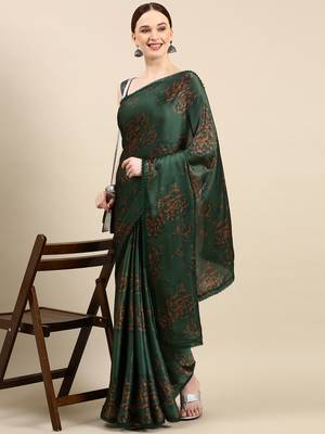 Kasee Fancy Digital Printed Bottle Green Satin Saree With Layered Frilled For Women 1