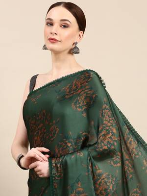 Kasee Fancy Digital Printed Bottle Green Satin Saree With Layered Frilled For Women 2