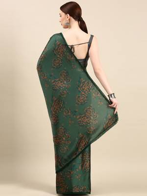 Kasee Fancy Digital Printed Bottle Green Satin Saree With Layered Frilled For Women 3