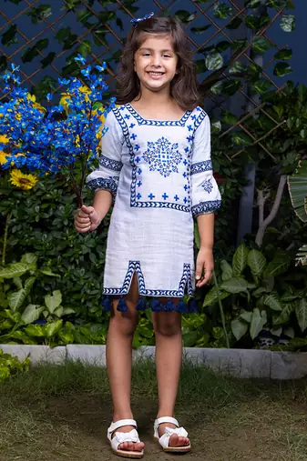 Floral Motif Embroidery Short Cotton Dress