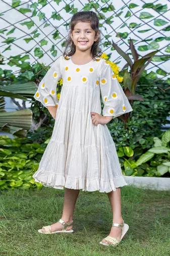Beige Sunflower Embroidery Tiered Dress