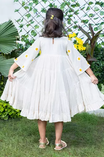 Beige Sunflower Embroidery Tiered Dress