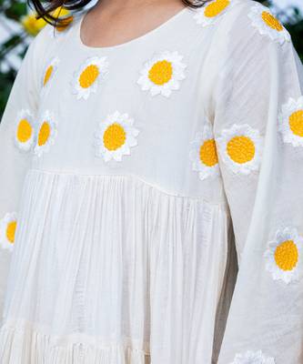 Beige Sunflower Embroidery Tiered Dress 4