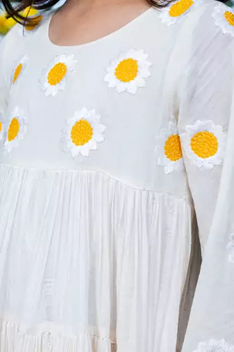 Beige Sunflower Embroidery Tiered Dress
