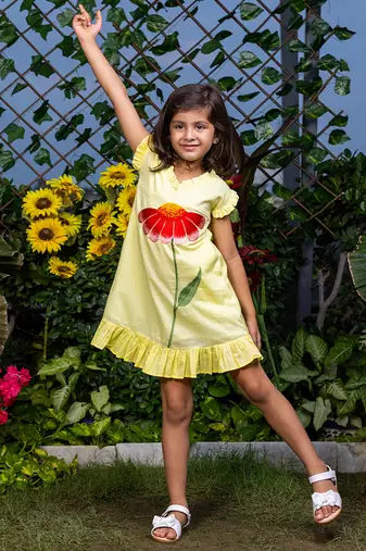 Big Flower Embroidery Yellow Dress