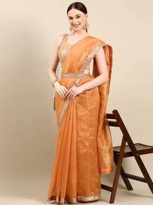 Kasee Fancy Designer Orange Net With Embellished Sequence Border Saree  1