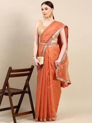 Kasee Fancy Designer Peach Net With Embellished Sequence Border Saree  1