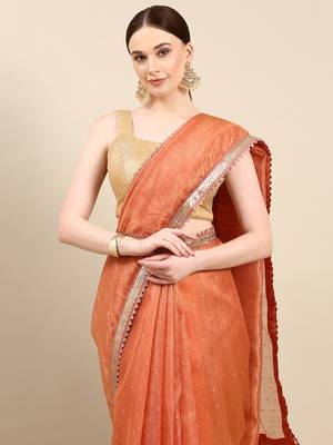 Kasee Fancy Designer Peach Net With Embellished Sequence Border Saree  2