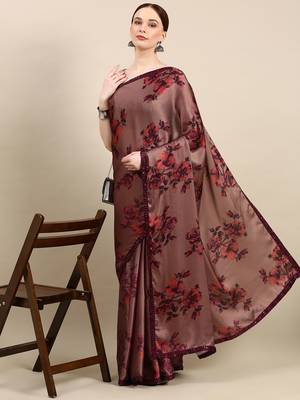 Kasee Fancy Digital Printed Rock Brown Satin Saree With Sequence Border For Women 1