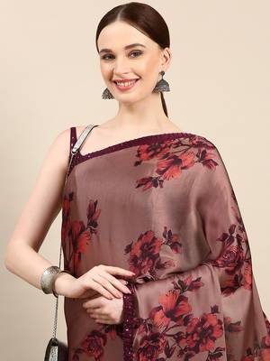 Kasee Fancy Digital Printed Rock Brown Satin Saree With Sequence Border For Women 2