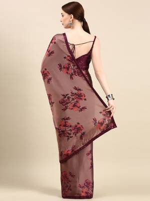 Kasee Fancy Digital Printed Rock Brown Satin Saree With Sequence Border For Women 3
