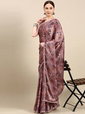 Kasee Fancy Digital Printed Lavender Satin Saree With Sequence Border For Women 1