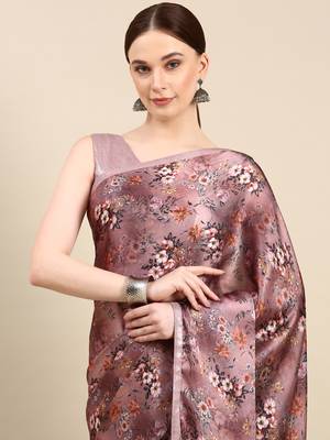 Kasee Fancy Digital Printed Lavender Satin Saree With Sequence Border For Women 2