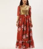 Ethnovog Ready To Wear Rust N Brown Embroidered Tired Gown