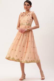 Ethnovog Ready To Wear Mauve Embroidered Strap Neck Dress