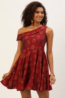 Ethnovog Ready To Wear Maroon Printed One Shoulder Dress