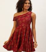 Ethnovog Ready To Wear Maroon Printed One Shoulder Dress