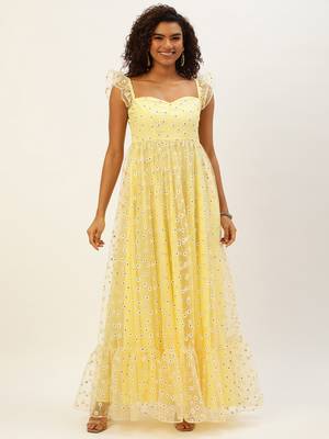 Ethnovog Ready To Wear Yellow Glitter Foil Tiered Gathers Dress 1