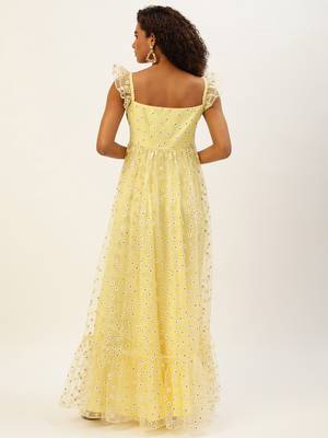 Ethnovog Ready To Wear Yellow Glitter Foil Tiered Gathers Dress 2