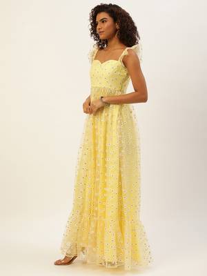 Ethnovog Ready To Wear Yellow Glitter Foil Tiered Gathers Dress 3