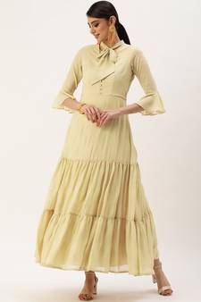 Ethnovog Ready To Wear Beige Georgette Foil Printed Maxi Dress