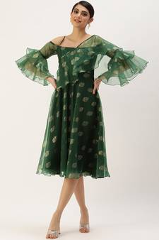 Ethnovog Ready To Wear Green Organza Foil Printed Dress