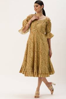 Ethnovog Ready To Wear Green Printed Art Silk Cotton Maxi Dress