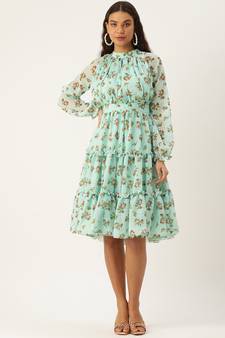 Ethnovog Ready To Wear Mint Green Georgette Digital Printed Dress