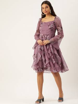 Ethnovog Ready To Wear Mauve Organza Digital Printed Dress 1