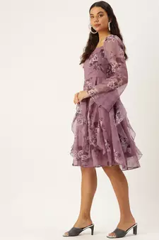 Ethnovog Ready To Wear Mauve Organza Digital Printed Dress
