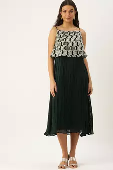 Ethnovog Ready To Wear Dark Green Embroidered Georgette Dress