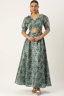 Ethnovog Ready To Wear Blue Art Silk Digital Printed Dress